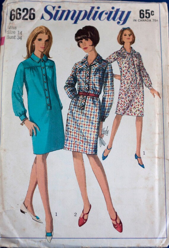 1960s Ladies One-piece Dress Pattern Simplicity 6626 Size 14 Bust 34 - Etsy