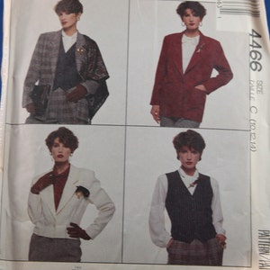 May include: A sewing pattern for a blazer, vest, and pants. The pattern is from McCall's Woman's Day Collection and is size C (10, 12, 14). The pattern is called "Cut-to-Fit" and has a red, white, and black color scheme.
