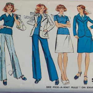 May include: A sewing pattern for four different outfits. The pattern includes a blue blazer with a white and blue patterned skirt, a blue and white striped pantsuit, a white jacket with a blue and white patterned pantsuit, and a white skirt with a blue and white patterned top.