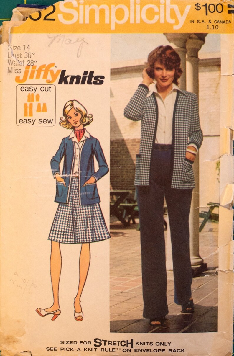 Simplicity 5452, Misses' Jiffy knit unlined cardigan, skirt and pants pattern. Size 14, bust 36 image 1