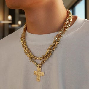 Trendy Goth Cross Jesus Pendant Choker | Grunge Silver & Gold Chain Necklace | Steampunk Religious Jewelry | Unisex Statement Gift