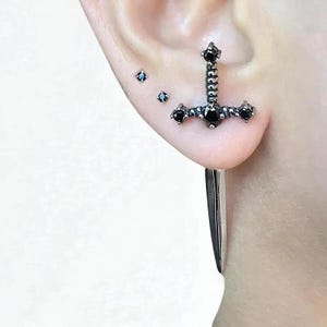Hip Hop Cross Sword Stud Earrings for Women – Classic Black Crystal Stone, Gold/Silver Ox/Black | Punk Style Statement Jewelry