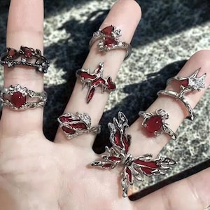 Goth Punk Retro Red Crystal Love Heart Cross Ring Set | Y2K Open Irregular Adjustable Rings for Women | Kpop Aesthetic Jewelry