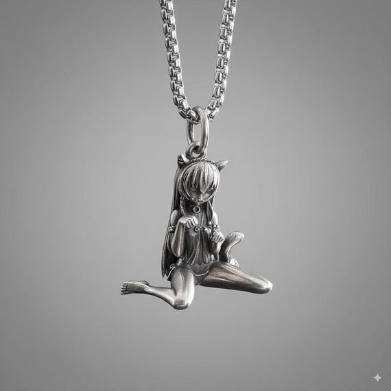 Silver-plated Anime Girl Necklace Neko Girl Pendant Japanese