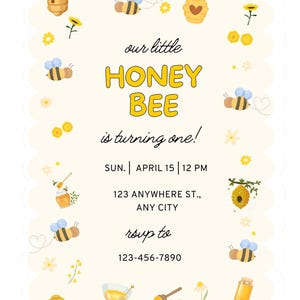 Convite para o Primeiro Aniversário da Honey Bee | Modelo Editável do Canva | Convite para a Festa do Primeiro Aniversário da Honey Bee | Download Digital