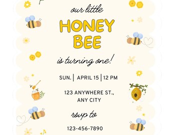 Honey Bee First Birthday Invitation | Editable Canva Template | 1st Bee Day Party Invite | Digital Download