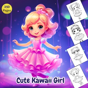 Kawaii Girl Coloring Pages, Cute Coloring Pages, Kids and Adults, Digital Download, Printable PDF, Instant Download, Grayscale Coloring Book