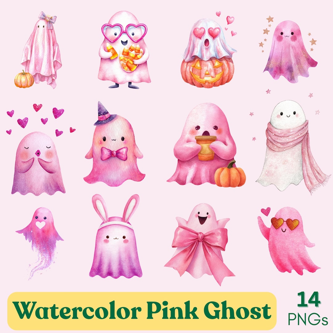 Watercolor Pink Ghost PNG Bundle | Cute Pastel Halloween Clipart ...