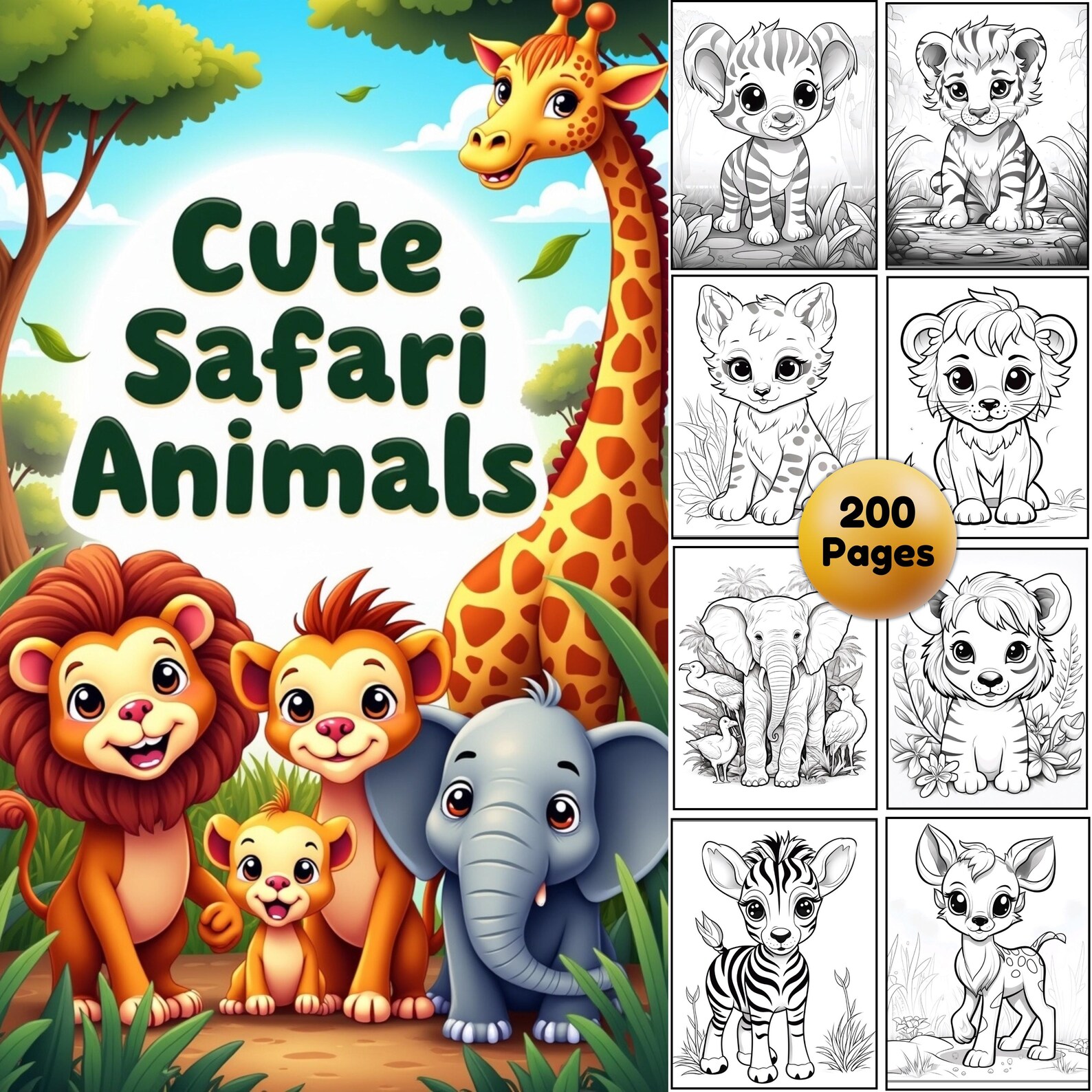 Cute Safari Animals Coloring Book for Kids, Easy Coloring Pages for ...