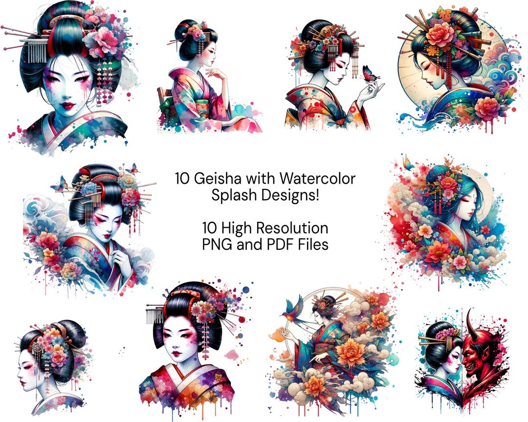 10 Unique Geisha PNG & PDF Bundle Digital Design for Sublimation ...