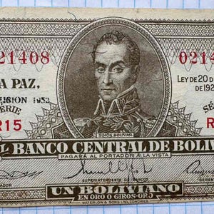 Banconota vintage da 1 Boliviano Bolivia 1952 – Ritratto di Simón Bolívar – Waterlow & Sons Londra – Valuta da collezione