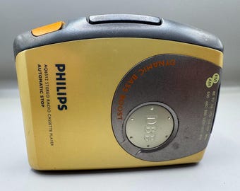 Vintage Philips AQ6512 cassettespeler met radio – voor onderdelen/reparatie – gele retro walkman
