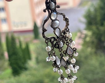 Vintage Bronze Chandelier Earrings with Faux Pearls and White Stones