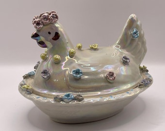 Antieke kip-op-nest-boterschaal | 1940-1950 Glazen kipschotel | Vintage tweedelige pot met deksel