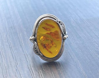 Sterling Silver Amber Ring – Size 17 EU, Natural Baltic Amber, 4.4g