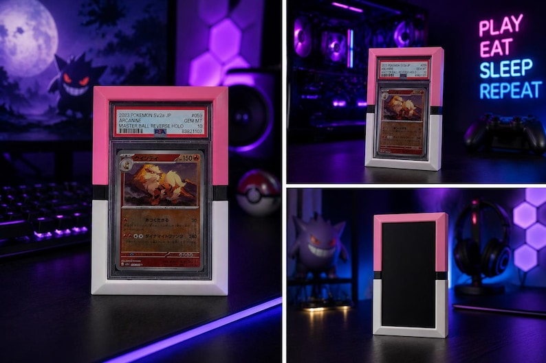 May include: A framed Pok&eacute;mon trading card with a pink and white border. The card features a fiery creature illustration and Japanese text. The frame has a black stripe and the text "2023 Pokemon SV2a Jp" is visible.