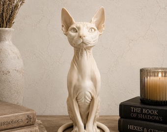 Sphynxkattstaty | Gotisk dekor | Hårlös skulptur | Modern hyllprydnad | Minimalistisk kattfigur