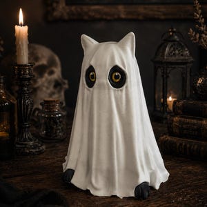 Puede incluir: Una figura de fantasma blanca con orejas puntiagudas y grandes ojos redondos de color amarillo situados en cuencas negras. La figura está cubierta por una tela blanca lisa que oculta el cuerpo, con pequeñas patas negras visibles en la base.