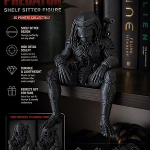 Könnte beinhalten: Eine schwarze Predator-Regalfigur, ein 3D-gedrucktes Sammlerstück, wird gezeigt. Die Figur ist sehr detailliert und leicht, entworfen, um auf einem Regal zu sitzen. Das Bild enthält den Text "Predator Shelf Sitter Figure" und "3D Printed Collectible."