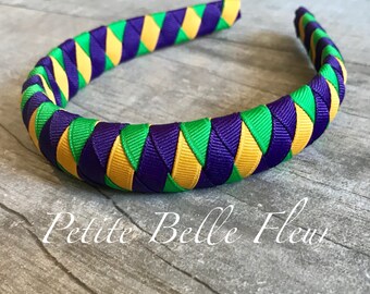 Mardi Gras Headband for Women or Girls in Purple, Green, and Gold Grosgrain Ribbon 1" Slightly Padded Braided Ribbon Headband Hair Accessory