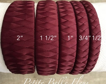 Solid Burgundy Flat Headband, Preppy Burgundy Grosgrain Ribbon Braided Woven Headband, Burgundy Flat Style School Headband