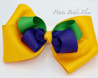Big Southern Hair Bow,Large Mardi Gras Boutique Hair Bow Purple Green Gold Grosgrain Ribbon Hair Bow, Extra Large Texas Size Great Big Bow