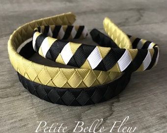 Flat Ribbon Headbands | Gold Black White Headband | Athletic Gold Black White Headband | Grosgrain Ribbon Headbands