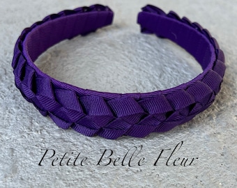 Purple Ribbon Headband Designed with Grosgrain Ribbon in a Military Braid on a 1" Flat Tapered Headband