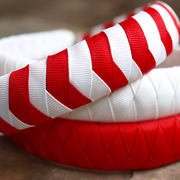 Red and White Chevron and Solid Braid Grosgrain Ribbon 1" Headband - Slightly Padded on Top