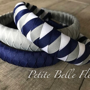 Blue Gray White Preppy Ribbon Headbands | Padded Headband | Light Navy Gray Grey White Headband | Grey Headband | Light Navy M Silver White