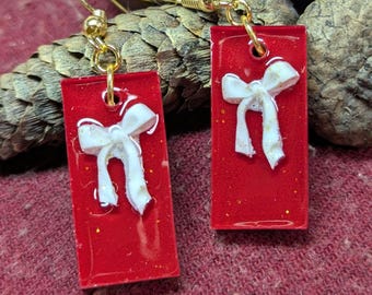 Christmas Bow Resin Earrings, Gold Plated Hooks