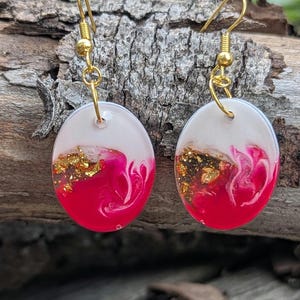 Hot Pink & White Marble Resin Earrings, Gold Foil, 18k Hardware, Lightweight and Flirty