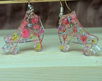 Resin Roller Skate Earrings with Pressed Flowers, Sterling Silver Hooks