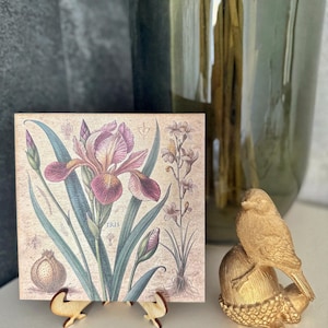 Holzpostkarte „Iris“ – Botanische Grußkarte – Vintage Holzkarte mit Ständer – Rustikale Holzwandkunst – Handgemachte Naturholzkarte