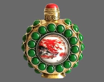 Antieke gloeiende snuiffles met groen email en traditioneel damesschilderij – zeldzame vondst