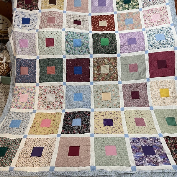 Nine Patch Blue Flower Quilt Top and Bindings  83 x 95 inches. Made in non-smoking/pet free home. Free Shipping!