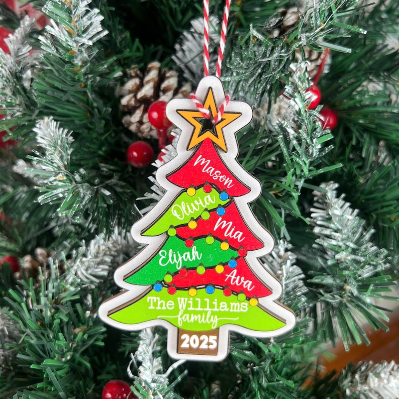 Personalized Family Tree Wood Ornament: Rustic Layered Christmas Decor ...