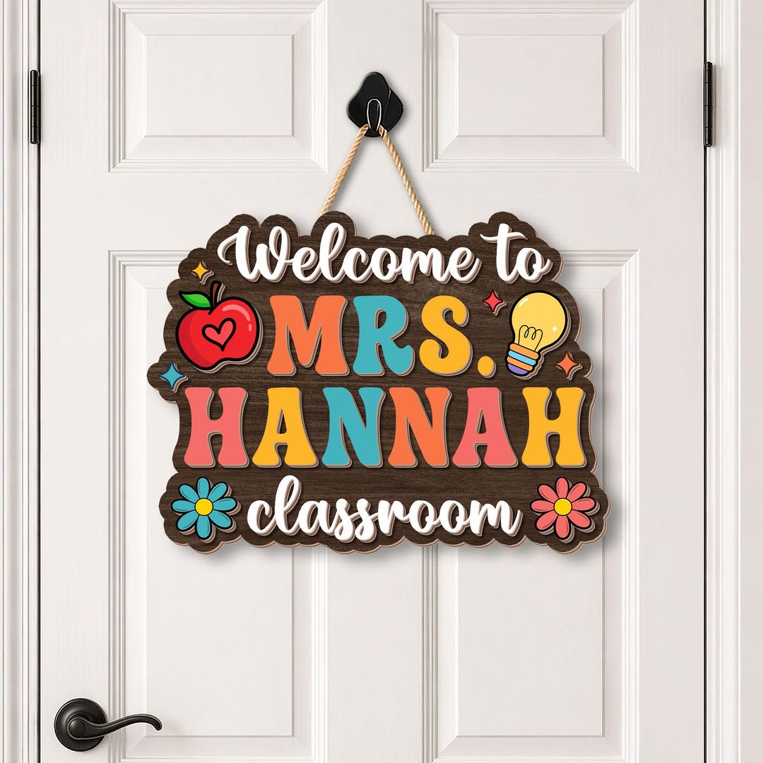Personalized Wooden Teacher Door Hanger, Custom Classroom Welcome Sign ...