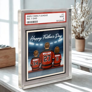 Équipe de rêve de papa de hockey, plaque personnalisée de style carte à collectionner papa homme et enfants n° 1, bloc acrylique personnalisé papa joueur, cadeau pour la fête des pères
