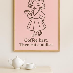 Coffee Cat Art Print: Funny Pastel Cat Lady Poster (Digital Download)