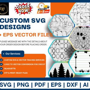 Puede incluir: Un anuncio gráfico digital para servicios de diseño vectorial SVG y EPS personalizados. El diseño incluye texto, un logotipo y marcos hexagonales que muestran varios patrones vectoriales en blanco y negro, incluyendo marcos, escudos, mariposas y pinos.