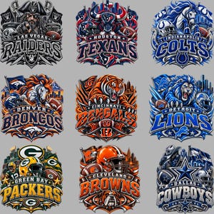 May include: A collection of nine NFL team logos featuring the Las Vegas Raiders, Houston Texans, Indianapolis Colts, Denver Broncos, Cincinnati Bengals, Detroit Lions, Green Bay Packers, Cleveland Browns, and Dallas Cowboys with team mascots and gear.