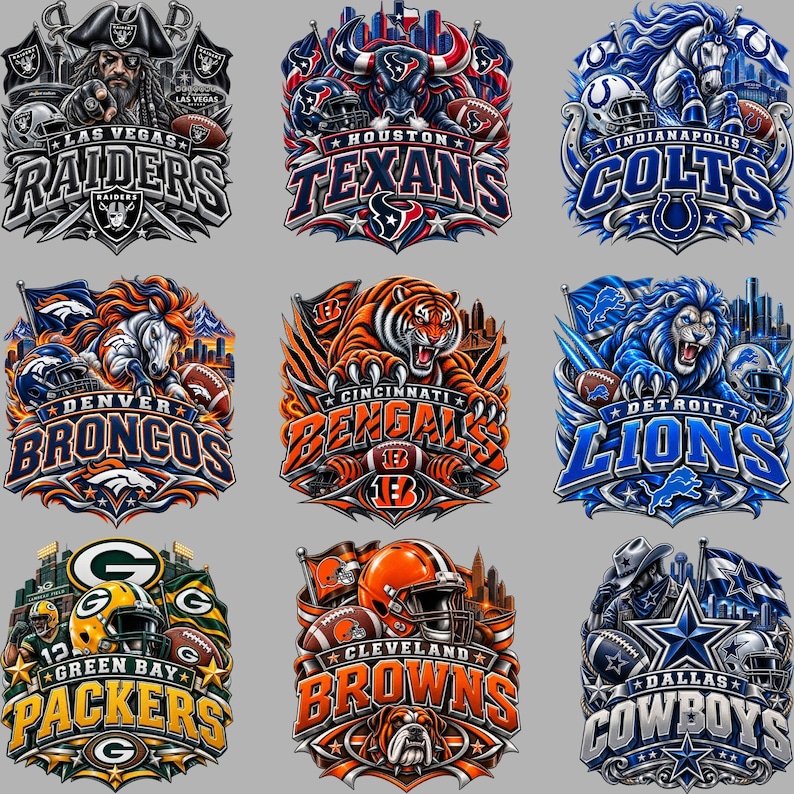 May include: A collection of nine NFL team logos featuring the Las Vegas Raiders, Houston Texans, Indianapolis Colts, Denver Broncos, Cincinnati Bengals, Detroit Lions, Green Bay Packers, Cleveland Browns, and Dallas Cowboys with team mascots and gear.