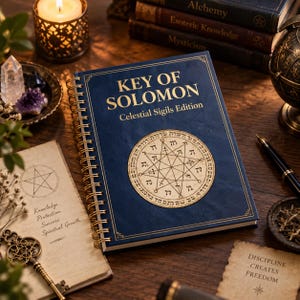 May include: A spiral-bound notebook with a dark blue cover featuring the gold text "KEY OF SOLOMON Celestial Sigils Edition" and a circular gold sigil design. The notebook is surrounded by a candle, crystals, a key, and other books.