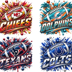 May include: A set of four graphic illustrations featuring American footballs and team logos for the Chiefs, Dolphins, Texans, and Colts. Each design includes vibrant paint splatter effects, dynamic color schemes, and bold team name typography.