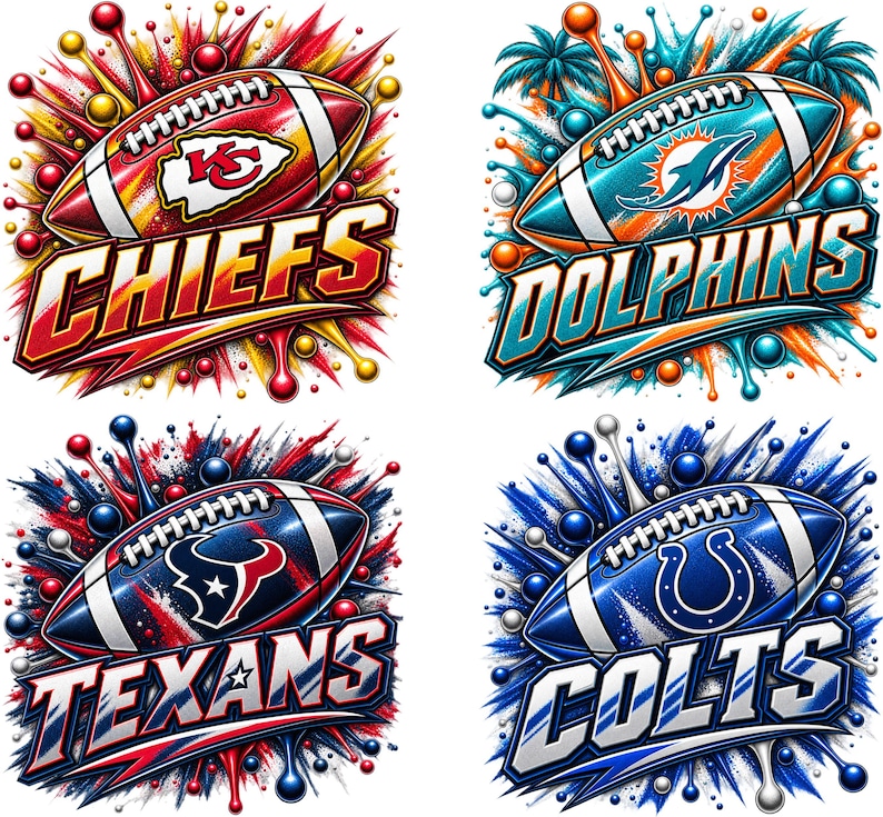 May include: A set of four graphic illustrations featuring American footballs and team logos for the Chiefs, Dolphins, Texans, and Colts. Each design includes vibrant paint splatter effects, dynamic color schemes, and bold team name typography.