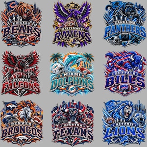 May include: A collection of nine NFL team logos featuring the Chicago Bears, Baltimore Ravens, Carolina Panthers, Atlanta Falcons, Miami Dolphins, Buffalo Bills, Denver Broncos, Houston Texans, and Detroit Lions, each with mascot illustrations.