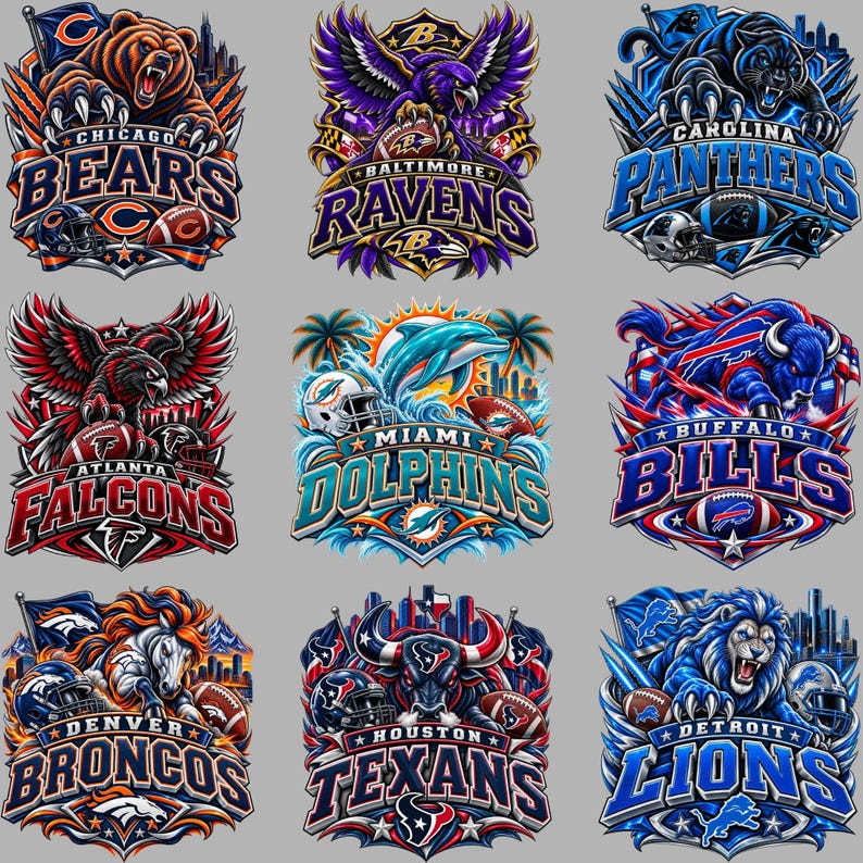 May include: A collection of nine NFL team logos featuring the Chicago Bears, Baltimore Ravens, Carolina Panthers, Atlanta Falcons, Miami Dolphins, Buffalo Bills, Denver Broncos, Houston Texans, and Detroit Lions, each with mascot illustrations.