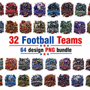 May include: A digital collection of 32 football team logos featuring stylized helmets and team names in vibrant, explosive color schemes. The central text reads 32 Football Teams 64 design PNG bundle, accompanied by red and blue star accents.