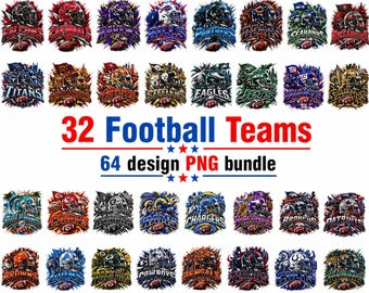 May include: A digital collection of 32 football team logos featuring stylized helmets and team names in vibrant, explosive color schemes. The central text reads 32 Football Teams 64 design PNG bundle, accompanied by red and blue star accents.